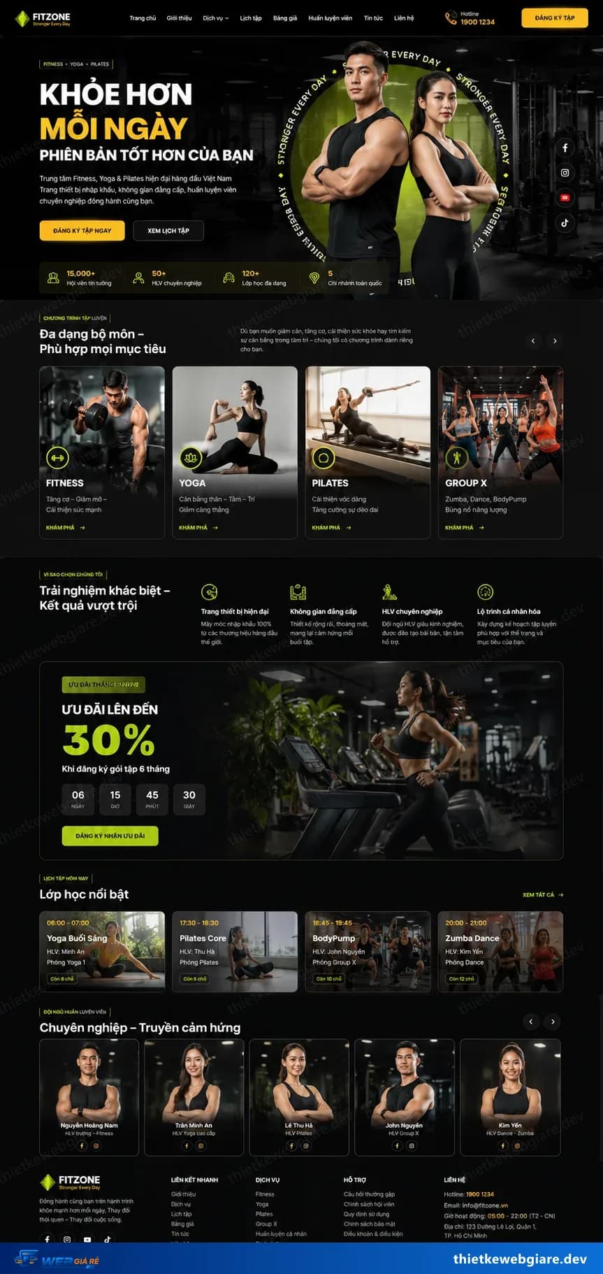 Toàn bộ giao diện mẫu website Phòng gym / fitness — mẫu FitZone