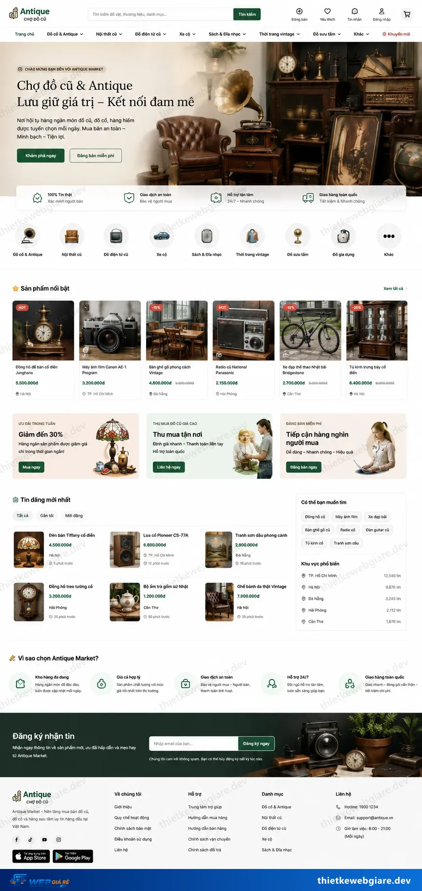 Toàn bộ giao diện mẫu website Chợ đồ cũ — mẫu Antique