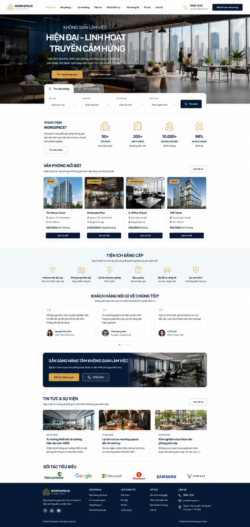 Toàn bộ giao diện mẫu website Cho thuê văn phòng / co-working — mẫu Office Hub