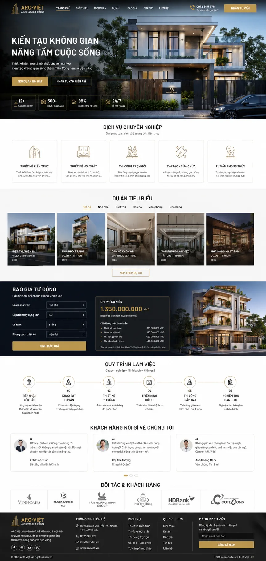 Toàn bộ giao diện mẫu website Công ty thiết kế kiến trúc — mẫu Arc Studio
