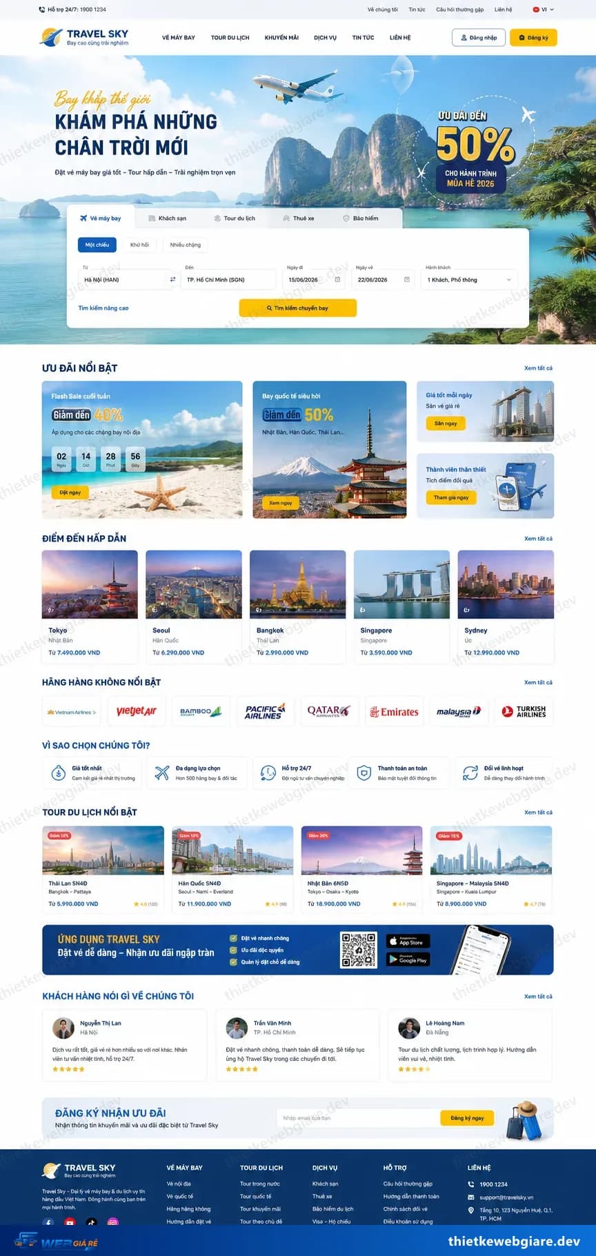 Toàn bộ giao diện mẫu website Vé máy bay / đặt vé — mẫu Travel Sky