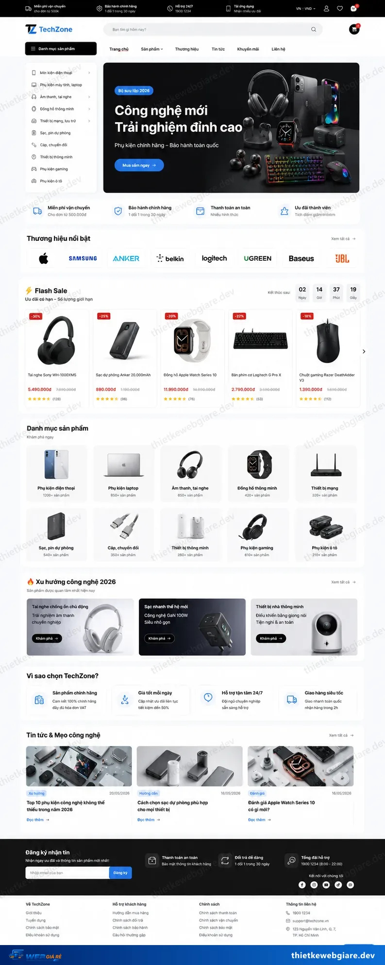 Toàn bộ giao diện mẫu website Điện thoại / phụ kiện công nghệ — mẫu TechZone