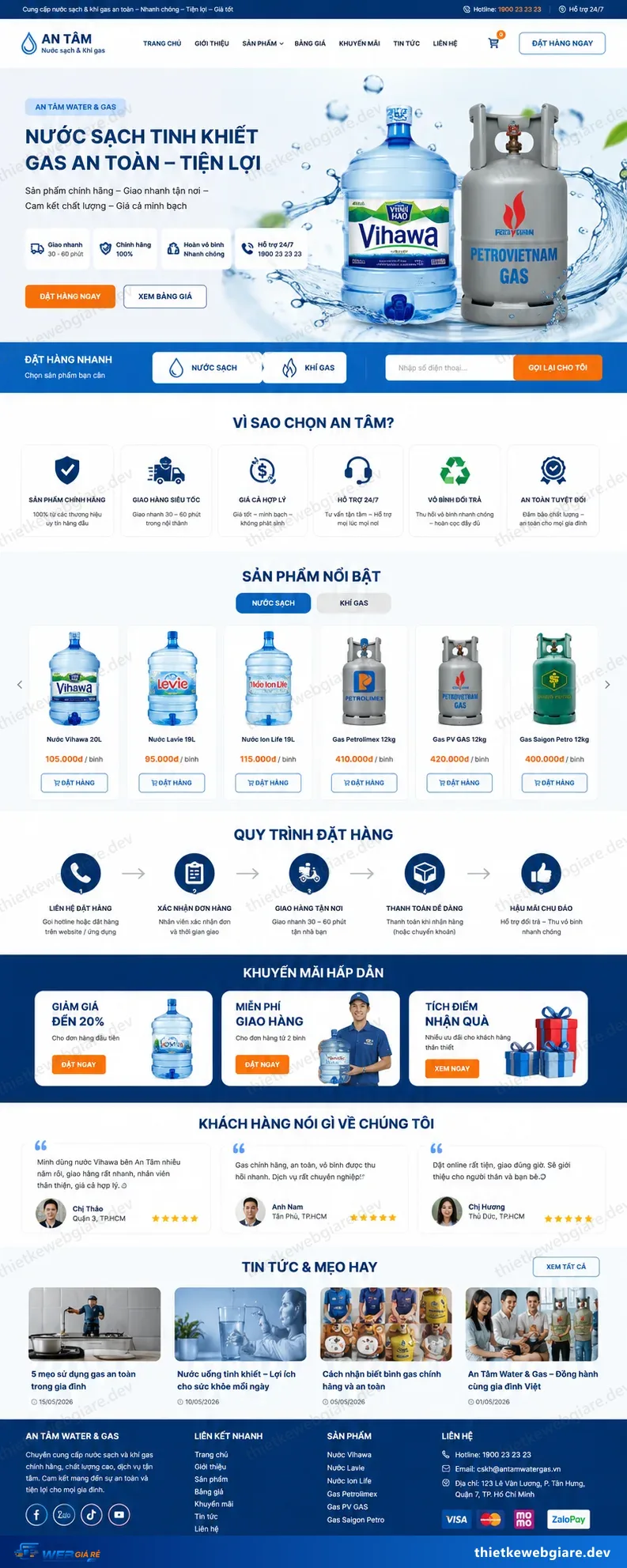 Toàn bộ giao diện mẫu website Giao nước uống và gas — mẫu An Tâm