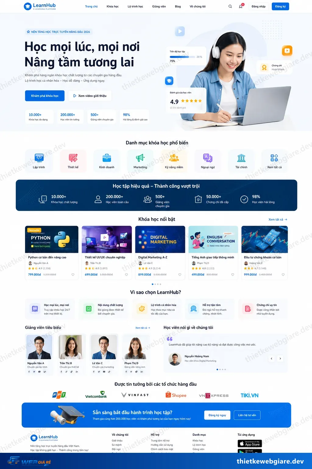 Toàn bộ giao diện mẫu website Khoá học online — mẫu Learn Hub