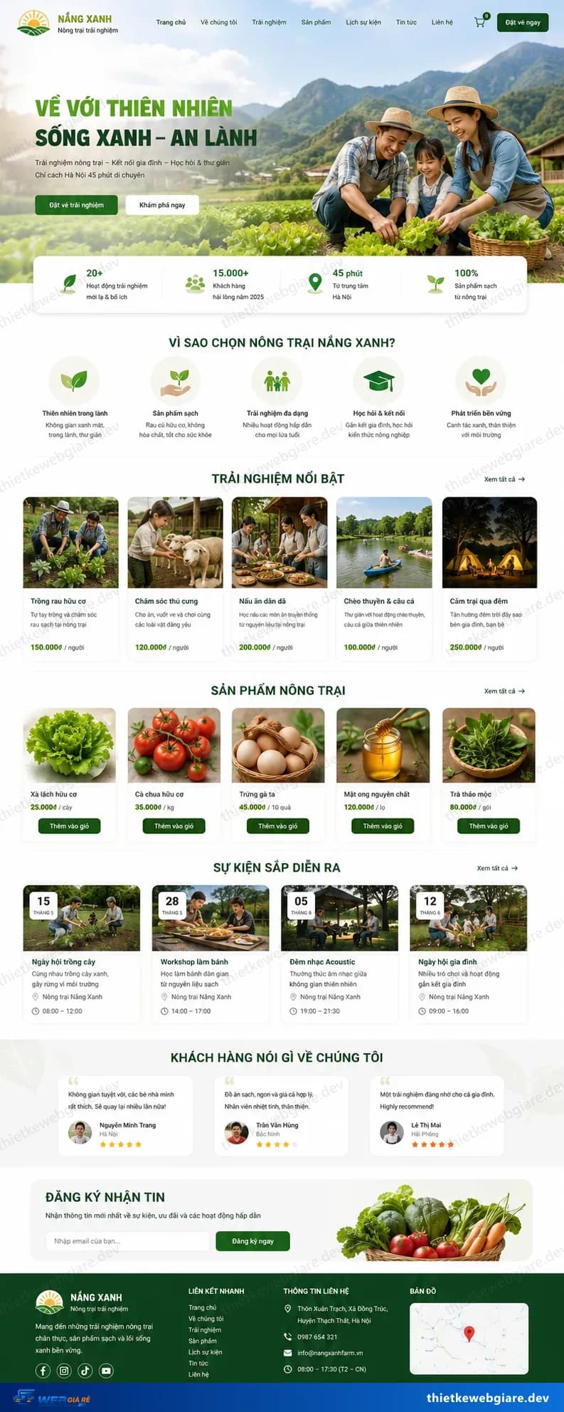 Toàn bộ giao diện mẫu website Nông nghiệp / trang trại — mẫu Nắng Xanh