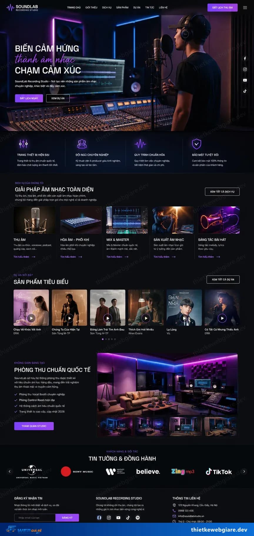Toàn bộ giao diện mẫu website Phòng thu âm — mẫu SoundLab