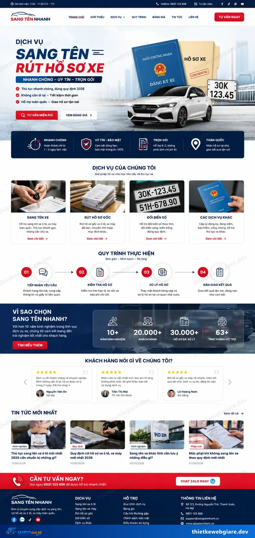 Toàn bộ giao diện mẫu website Thủ tục giấy tờ xe — mẫu Sang Tên Nhanh