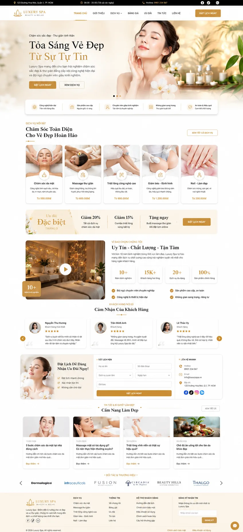 Toàn bộ giao diện mẫu website Spa / chăm sóc da — mẫu Thư Thái