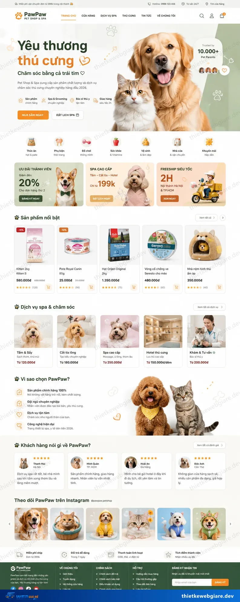 Toàn bộ giao diện mẫu website Thú y / chăm sóc thú cưng — mẫu PawPaw