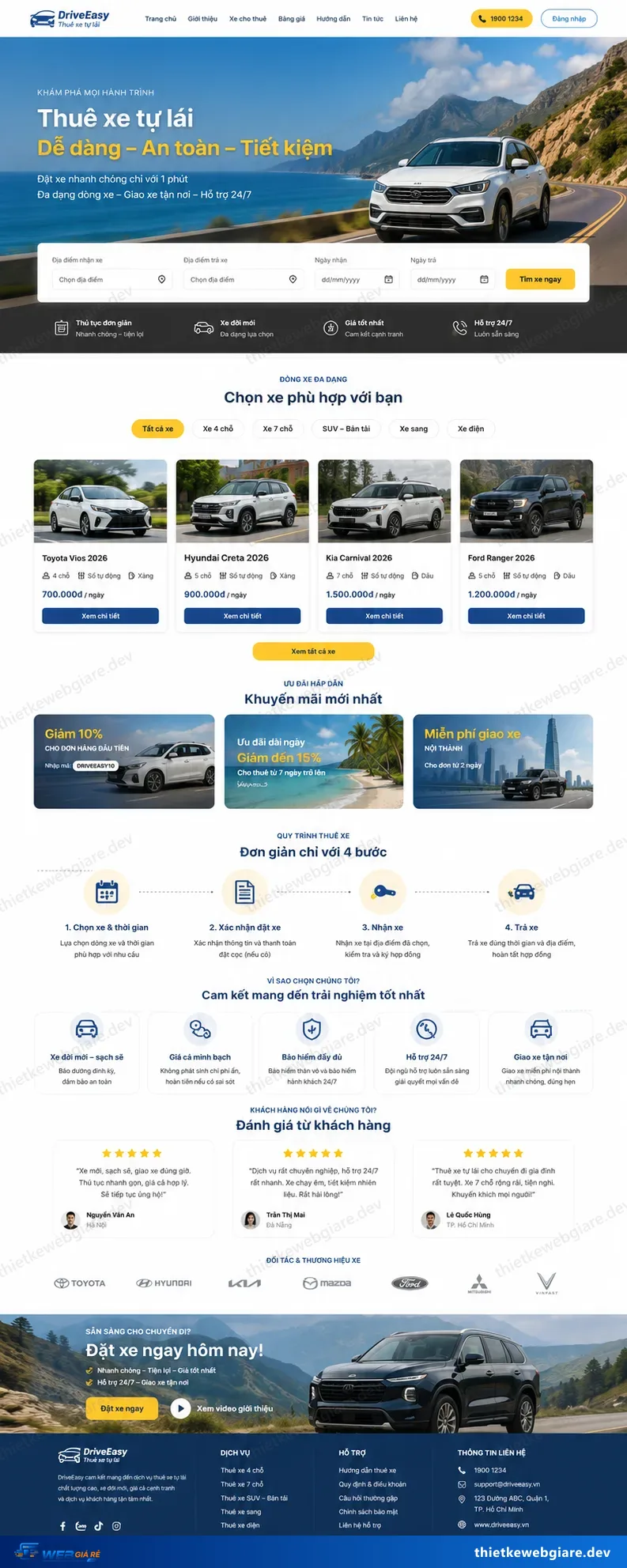 Toàn bộ giao diện mẫu website Cho thuê xe du lịch — mẫu DriveEasy
