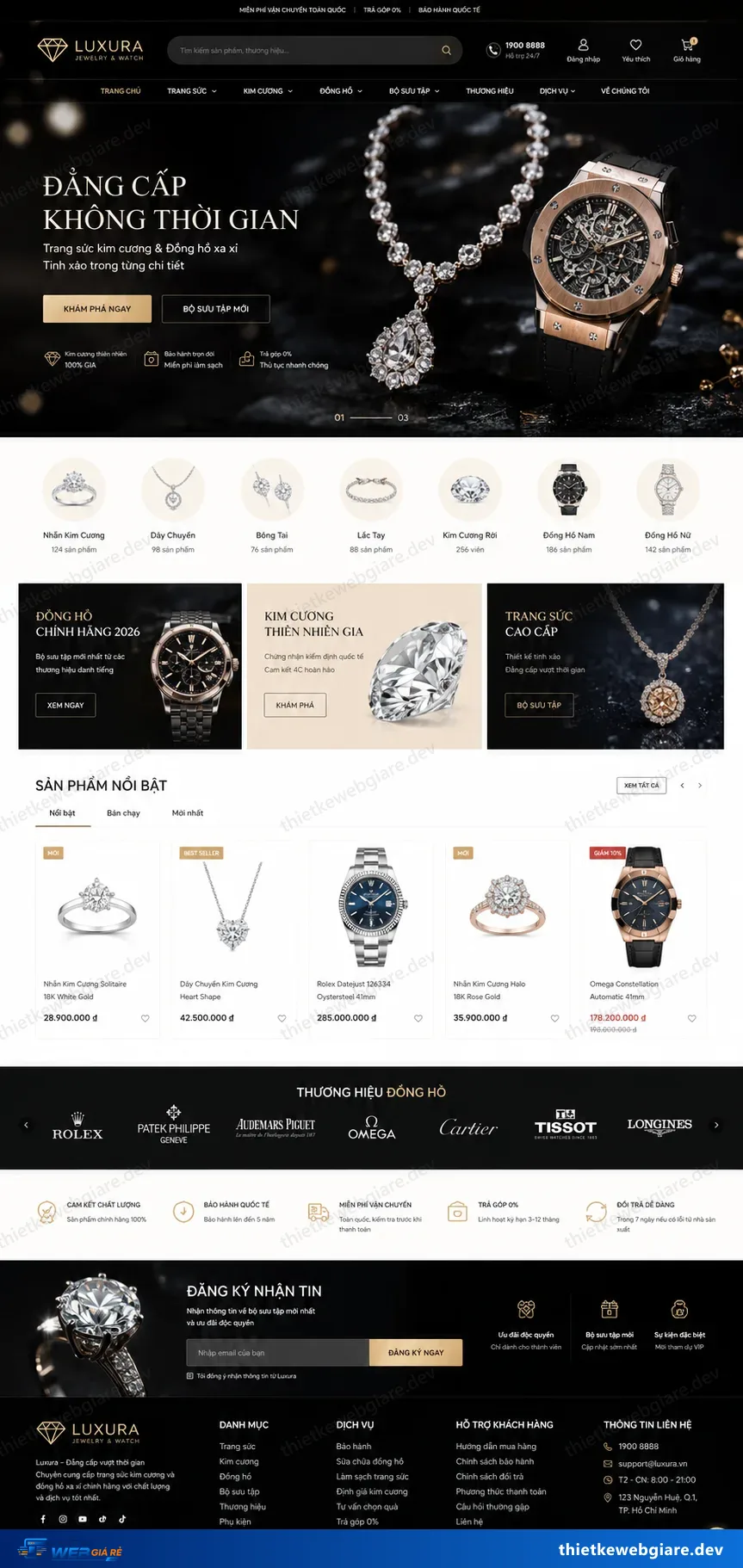 Toàn bộ giao diện mẫu website Trang sức / đồng hồ — mẫu Luxura