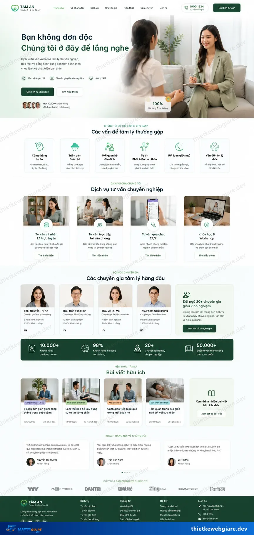 Toàn bộ giao diện mẫu website Tư vấn tâm lý — mẫu Tâm An