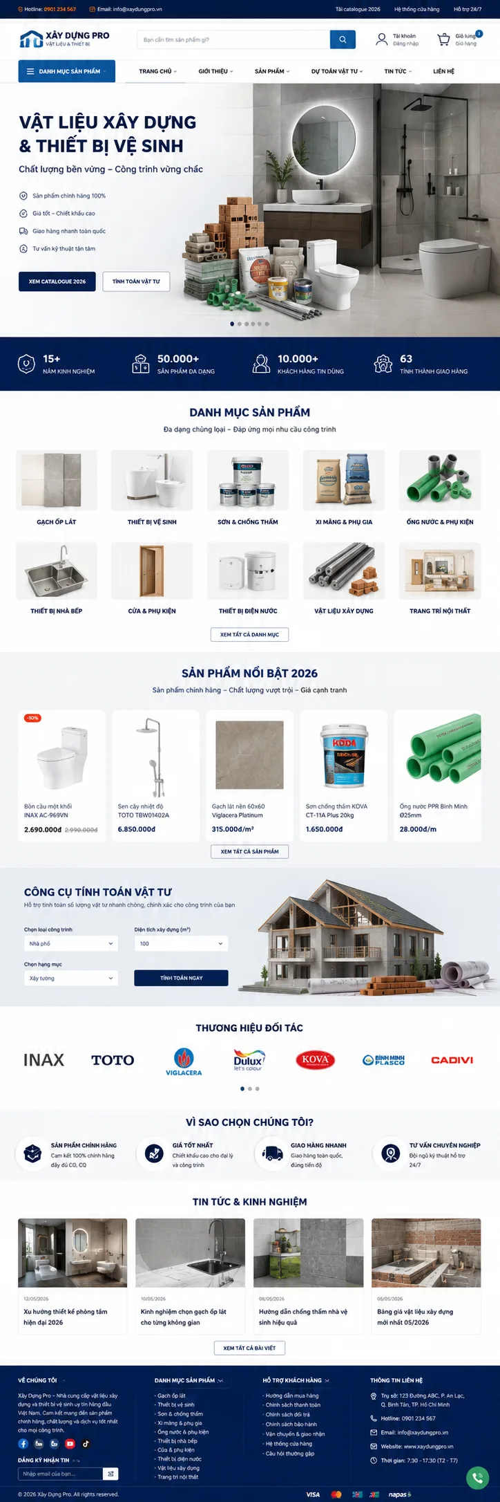 Toàn bộ giao diện mẫu website Vật liệu xây dựng — mẫu Vật Tư Pro