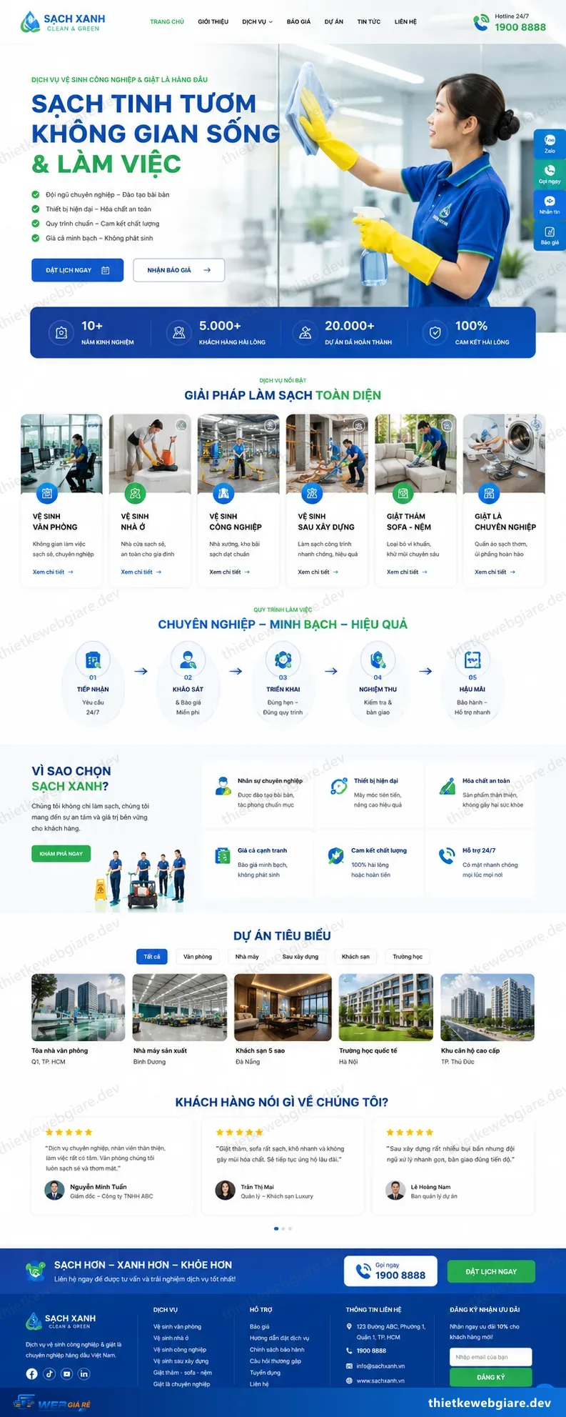 Toàn bộ giao diện mẫu website Vệ sinh / giúp việc — mẫu Sạch Xanh