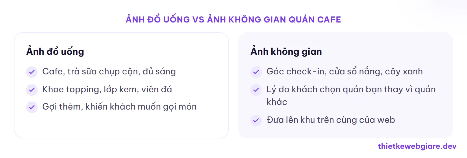 Ảnh đồ uống vs ảnh không gian quán cafe — thiết kế web quán cafe