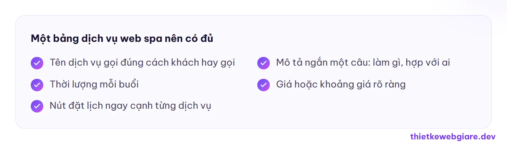 Một bảng dịch vụ web spa nên có đủ — thiết kế web spa