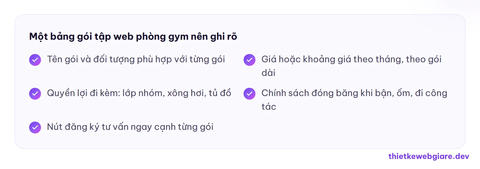 Một bảng gói tập web phòng gym nên ghi rõ — thiết kế web phòng gym