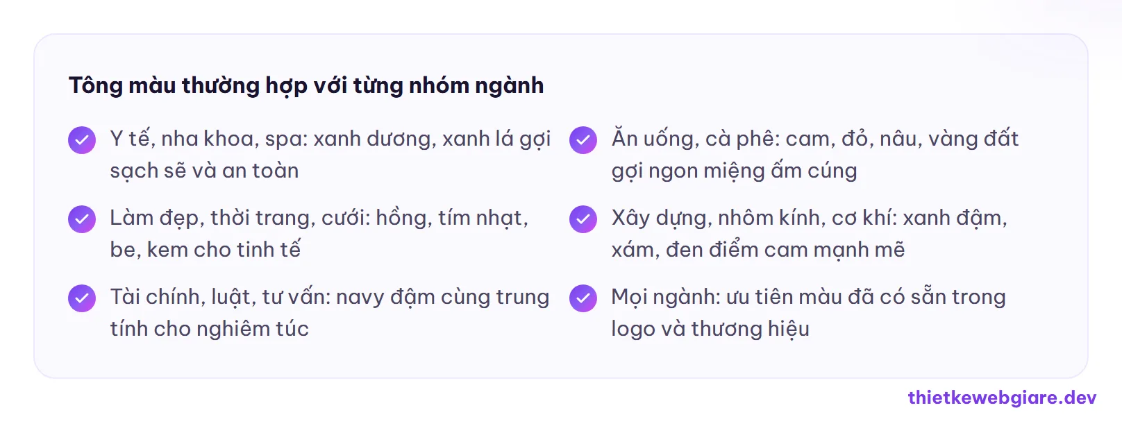 Tông màu thường hợp với từng nhóm ngành — phối màu website