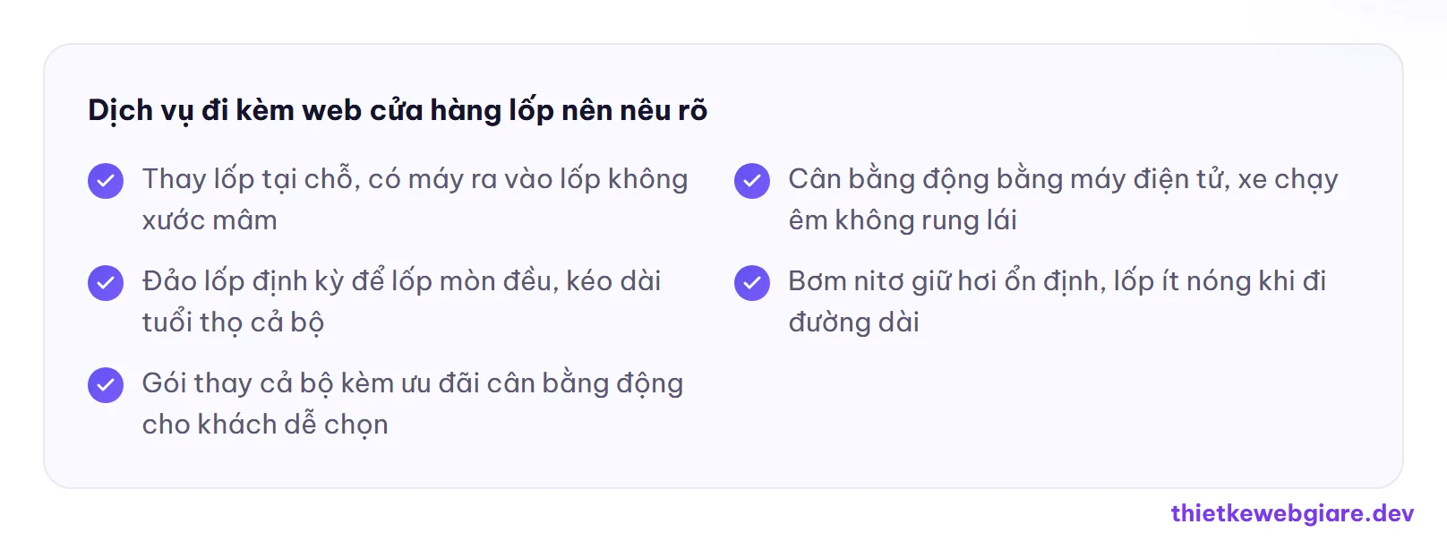 Dịch vụ đi kèm web cửa hàng lốp nên nêu rõ — thiết kế web cửa hàng lốp ô tô